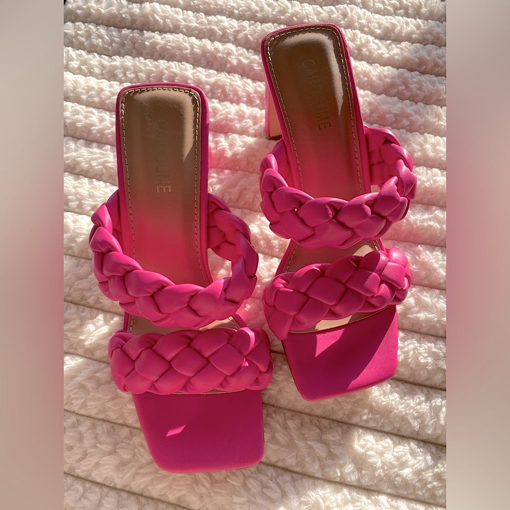 NWOT Pink Braided Women's High Heel Sandals- Block Heel - Picture 2 of 7